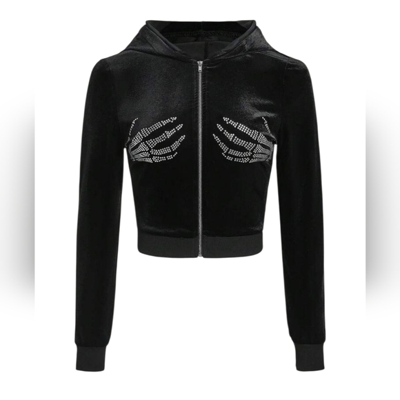 SHEIN Velour Full Zip Embellished Skeleton Hands Hoodie M - Picture 1 of 5